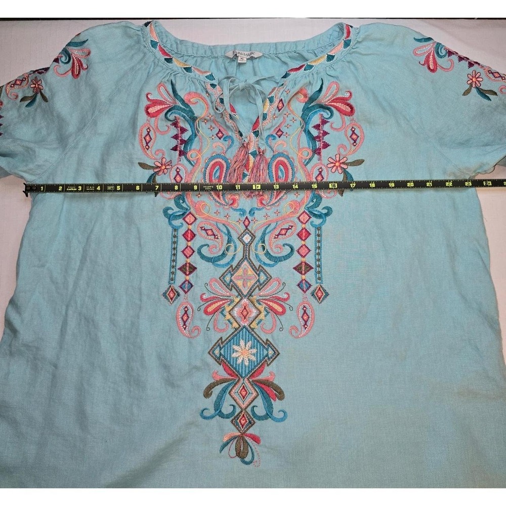John Mark Womens XL Blue Embroidered 100% Linen Tassel Tie Peasant Blouse Boho - Picture 5 of 8